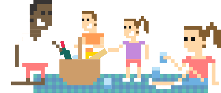 Pixel drawing of a family having a picnic