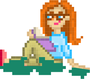 Pixel drawing of a woman sitting reading a book