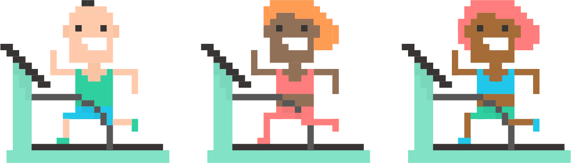 Pixel drawing of three people running on treadmills
